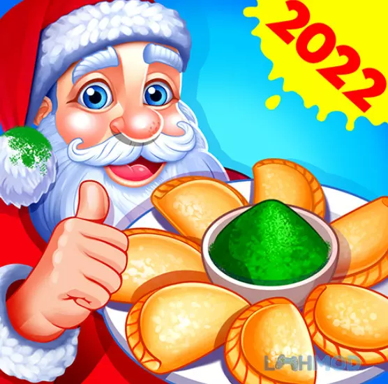Ảnh 1 của Tải Christmas Cooking Mod Apk 1.5.2 (Vô hạn tiền) cho Android iOs Logo Christmas Cooking Mod với nền xanh và chiếc mũ ông già Noel