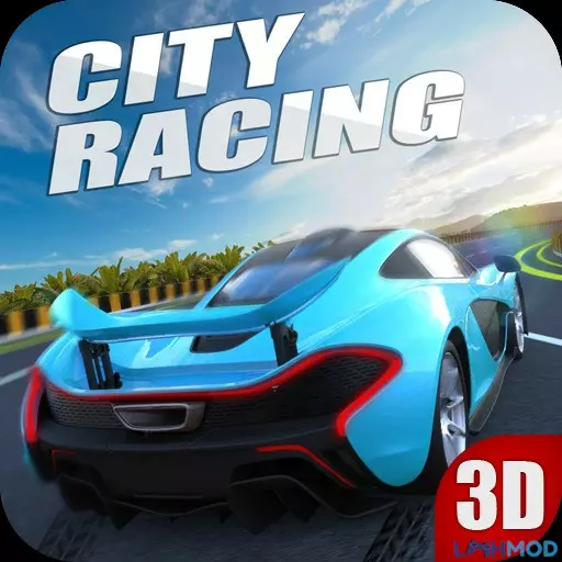 Ảnh 1 của City Racing 3D Mod APK 5.8.5017 (Menu, Vô Hạn Tiền) Cảnh một chiếc xe đua đang di chuyển nhanh trên đường phố với các hiệu ứng ánh sáng neon