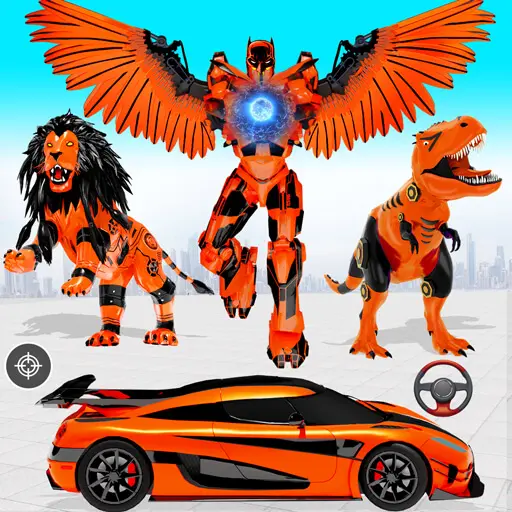 Ảnh 1 của Tải game Flying Pigeon Robot Car Game Apk 100 Logo của Flying Pigeon Robot Car Game, thể hiện một chú chim robot đang bay trên nền thành phố