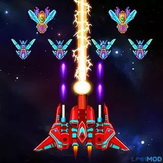 Ảnh 1 của Galaxy Attack: Alien Shooter Mod APK v59.3 (Vô hạn tiền, VIP) Một phi thuyền chiến đấu đang di chuyển linh hoạt giữa làn đạn của kẻ thù