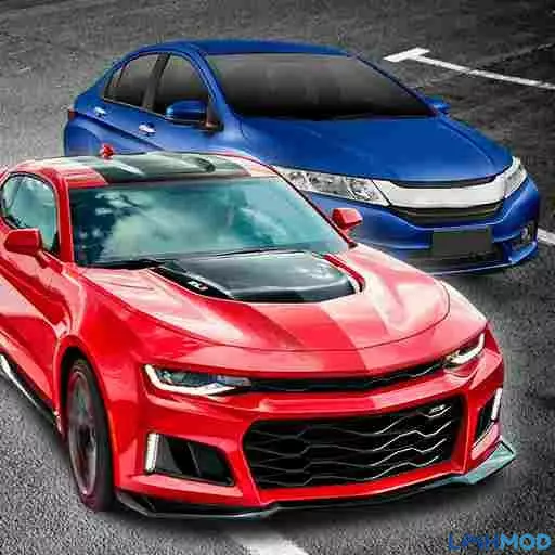 Ảnh 1 của Tải game MadOut CarParking Mod APK 2 (Vô Hạn Tiền) Giao diện điều khiển và chiếc xe đang chờ đỗ trong MadOut CarParking Mod