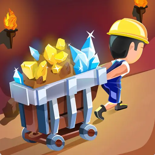 Ảnh 1 của Mining Tycoon 3D MOD APK 2.3 (Miễn phí mua sắm) Logo game Mining Tycoon 3D MOD với hình ảnh công cụ khai thác và mỏ