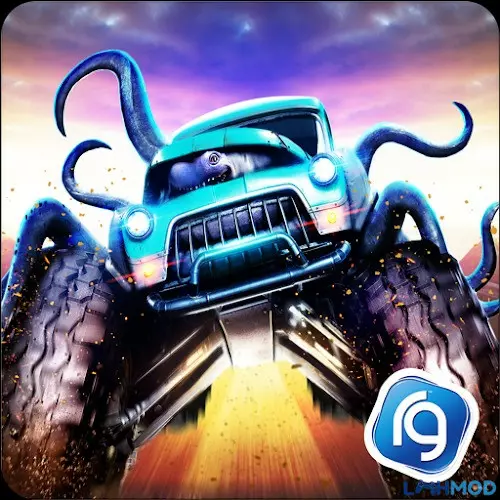 Ảnh 1 của Tải game Monster Trucks Racing 2021 Mod APK 3.4.262 (Vô Hạn Tiền) Một chiếc xe tải quái vật màu xanh đang đua trên đường bùn lầy, thể hiện sức mạnh vượt địa hình