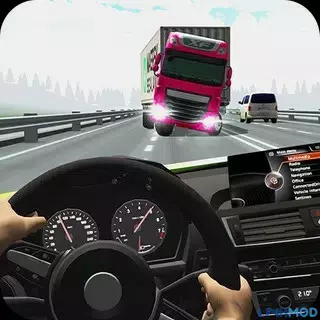 Ảnh 1 của Tải game Racing Limits Mod APK 1.7.5 (Menu, Vô Hạn Tiền) Mô tả một chiếc xe thể thao màu trắng đang lạng lách trên đường cao tốc đông đúc dưới ánh nắng ban ngày