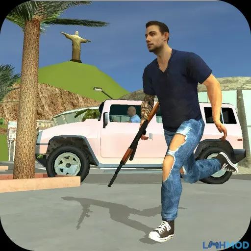 Ảnh 1 của Tải game Real Gangster Crime 2 Mod APK 2.4 (Menu, Vô Hạn Tiền) Mô tả hình ảnh: Một tên tội phạm đang đứng trên đường phố đầy xe cộ và tòa nhà cao tầng trong Real Gangster Crime 2 Mod