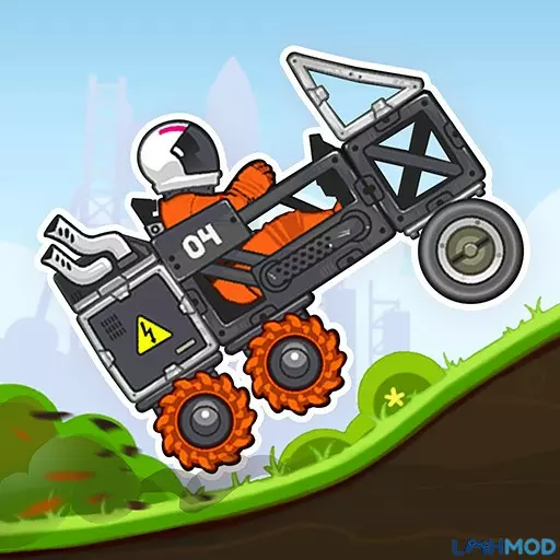 Ảnh 1 của Tải game Rovercraft: Race Your Space Car Mod APK 1.40 (Vô Hạn Tiền) Một chiếc xe đua tự chế với nhiều bánh xe đang di chuyển trên địa hình gồ ghề của hành tinh lạ