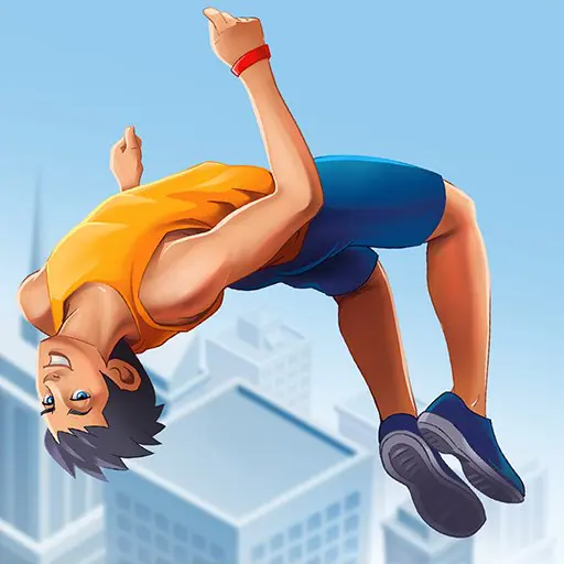 Ảnh 1 của Tải Street Diver APK 1.86 cho Android iOS Alt text mô tả cảnh vận động viên đang thực hiện cú nhảy lộn ngược từ mái nhà xuống đường phố
