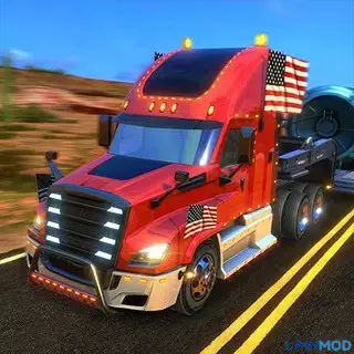 Ảnh 1 của Truck Simulator USA Mod APK 5.7.0 (Menu, Vô Hạn Tiền, Vàng) Cảnh xe tải đang vận chuyển hàng hóa trên đường cao tốc