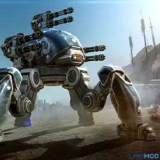 Ảnh 1 của War Robots Mod PvP Multiplayer APK v10.4.1 (Vô hạn đạn, tên lửa) Alt text mô tả một robot chiến đấu với vũ khí hạng nặng đang di chuyển trên chiến trường đổ nát
