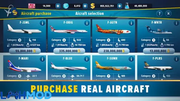 Ảnh 1 của Tải Airline Manager APK 3.07.0501 cho Android iOS Giao diện chọn máy bay trong Airline Manager