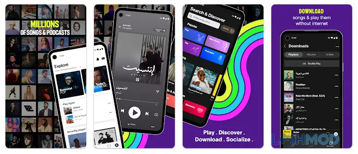 Ảnh 2 của Tải Anghami Mod Apk 6.0.20 (Mở khóa Premium) cho Android iOs Giao diện Anghami Mod hiển thị các bản nhạc và podcast