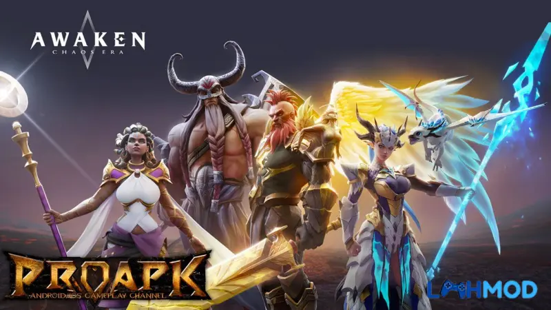 Ảnh 1 của Tải Awaken: Chaos Era Mod Apk 1.3.100 (Kẻ thù yếu) Giao diện chiến đấu trong Awaken: Chaos Era với các anh hùng và kỹ năng