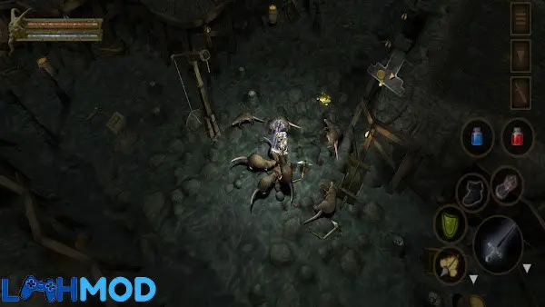 Ảnh 2 của Baldur’s Gate: Dark Alliance MOD APK 1.0.4 (Mod Tiền) Hình ảnh một cảnh chiến đấu trong game Baldur's Gate: Dark Alliance với nhân vật đang tấn công quái vật.