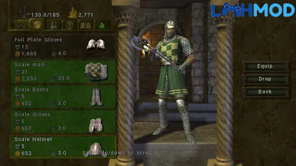 Ảnh 3 của Baldur’s Gate: Dark Alliance MOD APK 1.0.4 (Mod Tiền) Một chiến binh giáp trụ đang đứng trong hầm ngục u ám, chuẩn bị chiến đấu.