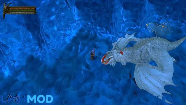 Ảnh 4 của Baldur’s Gate: Dark Alliance MOD APK 1.0.4 (Mod Tiền) Ba nhân vật anh hùng đang đối mặt với một con quái vật lớn trong một hang động đầy hiểm nguy.