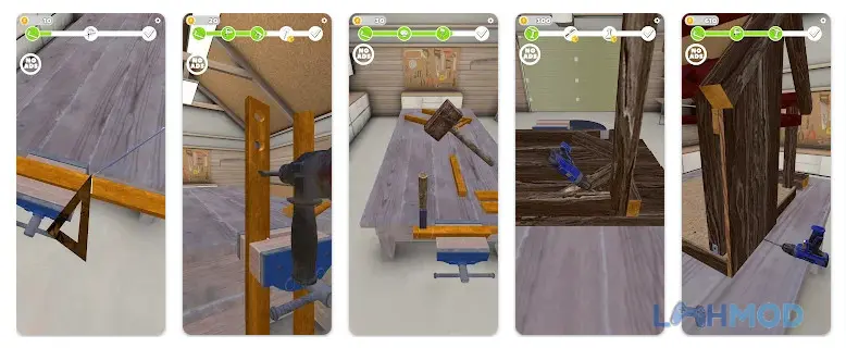 Ảnh 1 của Tải game Carpenter DIY ASMR Apk 0.9.0 cho Android iOs Giao diện game Carpenter DIY ASMR với các công cụ làm mộc