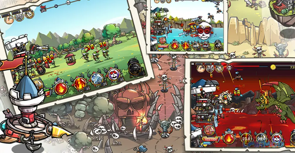 Ảnh 2 của Tải Cartoon Defense 4 Mod Apk 1.2.7 (Vô Hạn Tiền) cho Android iOs Hệ thống menu nâng cấp anh hùng và vũ khí trong Cartoon Defense 4 Mod