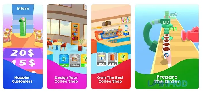 Ảnh 3 của Coffee Stack Mod Apk v37.4.4 (Vô Hạn Tiền) Giao diện game Coffee Stack Mod với nhiều loại đồ uống khác nhau được trưng bày