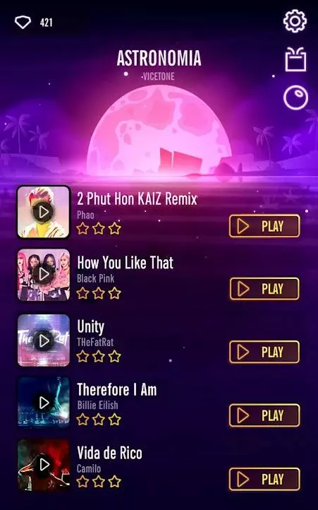 Ảnh 3 của Dancing Sky 3 Mod APK v2.2.1(Vô Hạn Gems, Mở Khóa Bài Hát) Màn hình giao diện game Dancing Sky 3 Mod với các tùy chọn bài hát