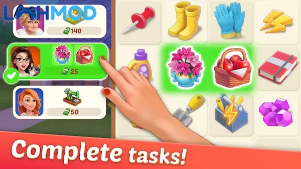 Ảnh 3 của DesignVille MOD APK (Vô hạn tiền) v1.154.0 Khách hàng đang đánh giá căn phòng được thiết kế trong DesignVille