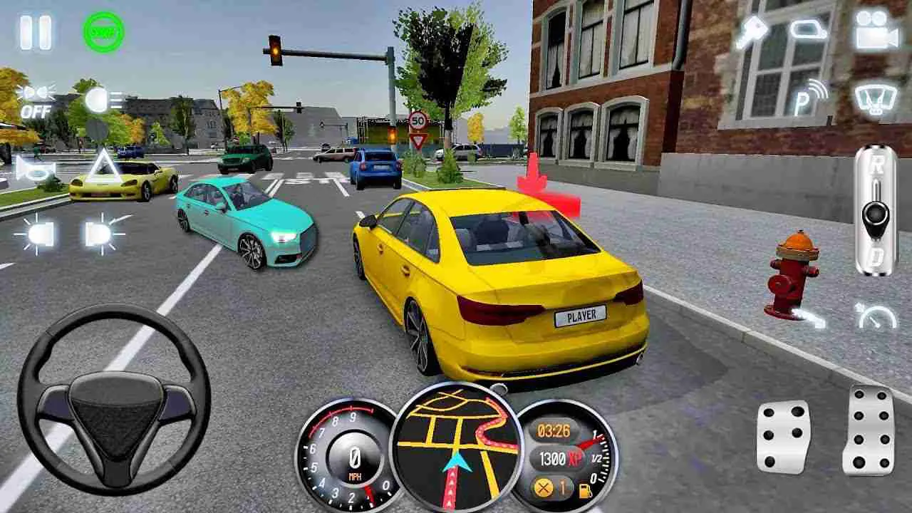 Ảnh 3 của Tải game Driving School 2017 Mod APK 5.0 (Menu, Vô Hạn Tiền) Cảnh bên trong cabin của một chiếc xe, hiển thị vô lăng và bảng điều khiển chân thực
