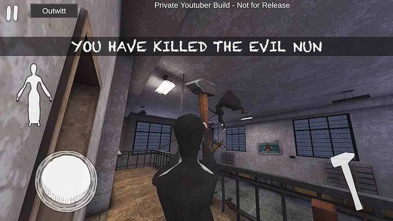 Ảnh 3 của Evil Nun Mod APK v1.9.0 (Menu, Tiền, Money, Bot Ngu Ngốc) Cảnh trong game Evil Nun mod, nhân vật chính đang trốn trong tủ đồ