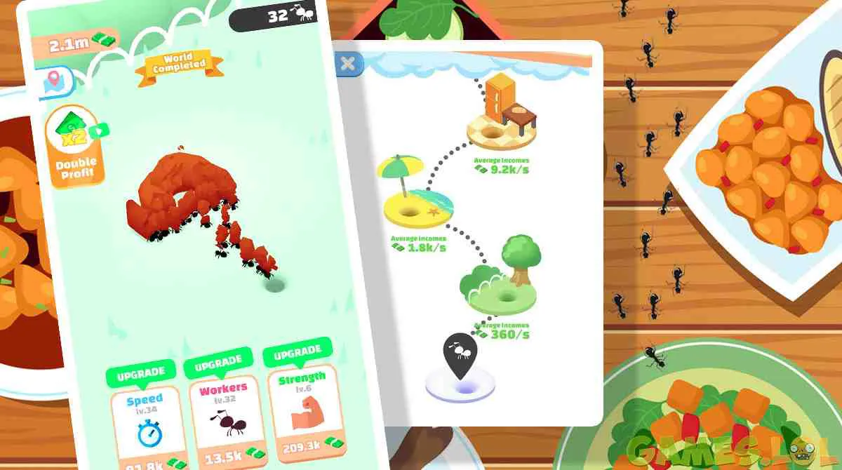 Ảnh 5 của Tải game Idle Ants Mod Apk 4.3.1 (Menu, Mở Khóa/Vô Hạn Tiền) Đàn kiến đang vận chuyển các vật phẩm lớn như xe hơi trong game