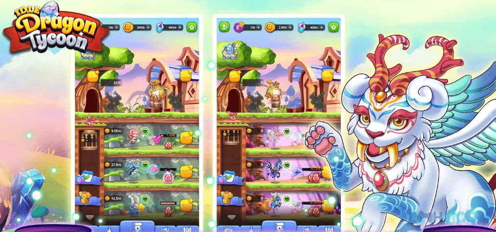 Ảnh 3 của Tải Idle Dragon Tycoon Mod Apk 1.2.2 (Vô Hạn Trái Tim Rồng) cho Android iOs Chú rồng con đang tiến hóa và khai thác tài nguyên