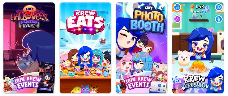 Ảnh 2 của Tải KREW EATS Mod Apk v33.8 (Vô Hạn Tiền) cho Android iOs Giao diện màn hình chính của KREW EATS Mod với các nhân vật và thức ăn