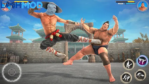 Ảnh 2 của Kungfu Karate Fighting Games APK 3.99 cho Android iOS Hai võ sĩ chuẩn bị giao chiến trong một đấu trường được trang trí đẹp mắt