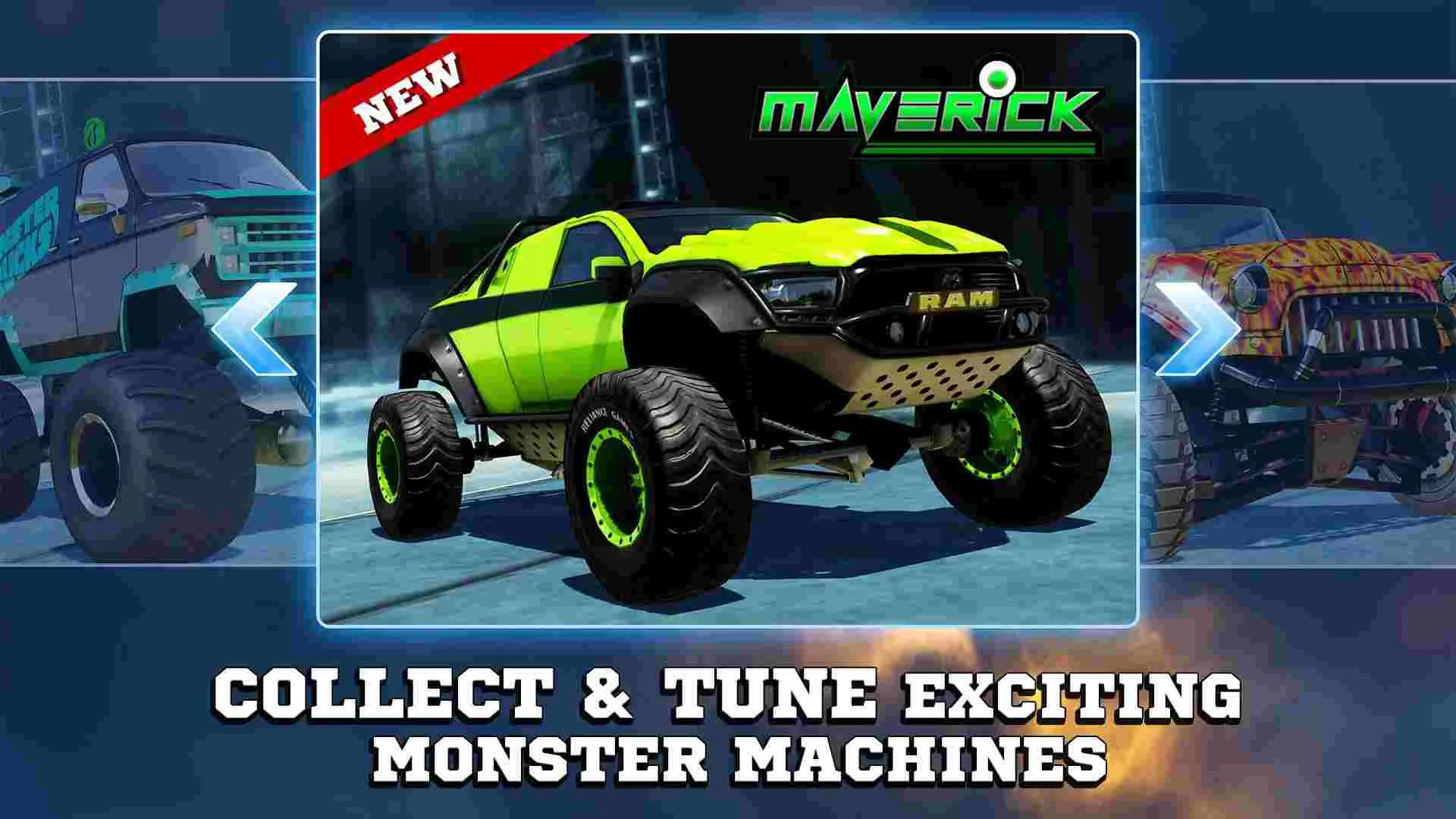 Ảnh 2 của Tải game Monster Trucks Racing 2021 Mod APK 3.4.262 (Vô Hạn Tiền) Giao diện trò chơi Monster Trucks Racing 2021 Mod với hai xe tải quái vật đang đối đầu trên đường đua