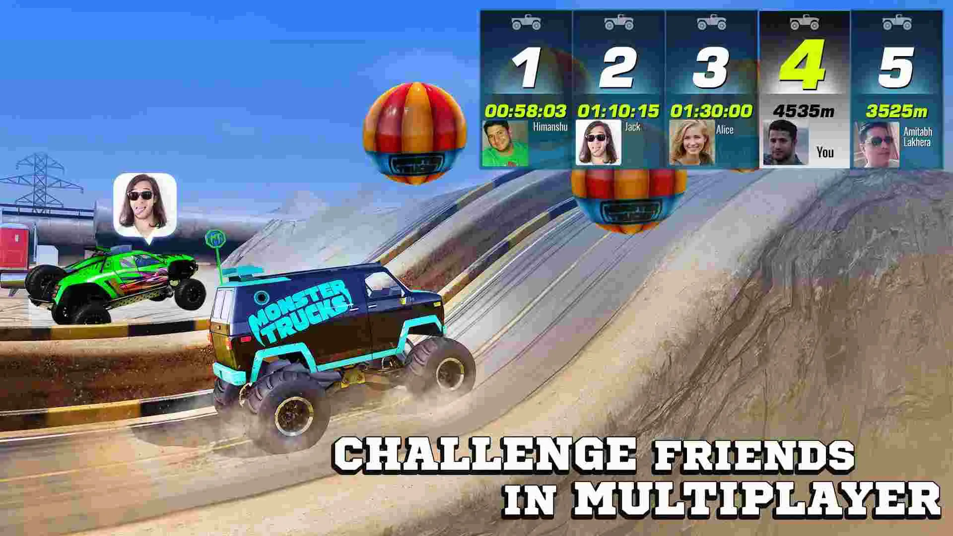 Ảnh 3 của Tải game Monster Trucks Racing 2021 Mod APK 3.4.262 (Vô Hạn Tiền) Chiếc xe tải quái vật màu đỏ thực hiện cú nhảy ấn tượng qua chướng ngại vật trong Monster Trucks Racing 2021