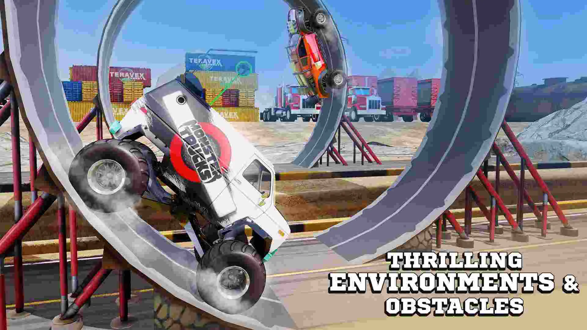 Ảnh 5 của Tải game Monster Trucks Racing 2021 Mod APK 3.4.262 (Vô Hạn Tiền) Bảng điều khiển trong Monster Trucks Racing 2021 hiển thị tốc độ và vị trí, sẵn sàng cho cuộc đua