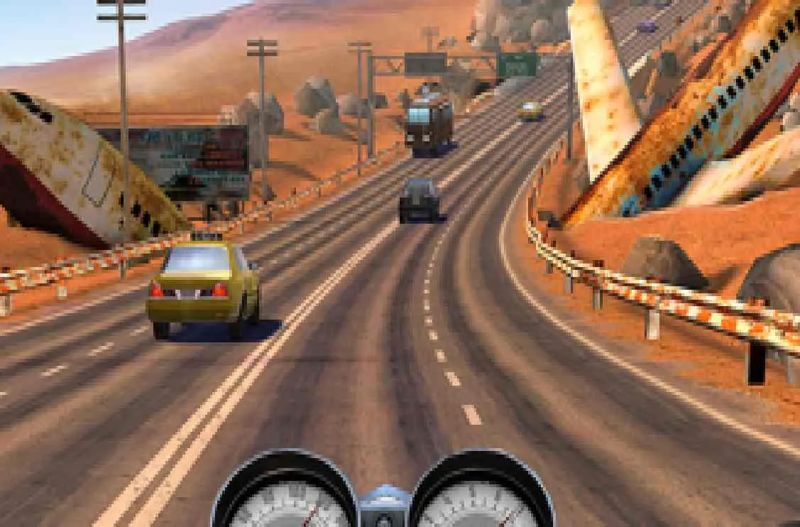 Ảnh 2 của Tải game Moto Rider GO Mod APK 1.90 (Menu, Vô Hạn Coins/Gems) Game Moto Rider GO Highway Traffic Mod với cảnh xe máy đang phóng nhanh trên đường cao tốc đông đúc