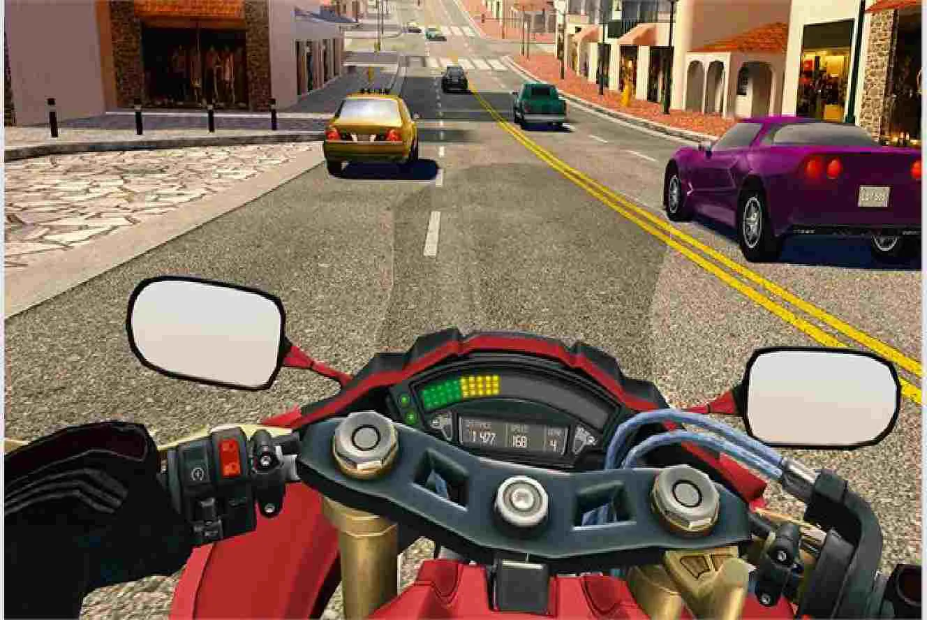 Ảnh 4 của Tải game Moto Rider GO Mod APK 1.90 (Menu, Vô Hạn Coins/Gems) Tải Moto Rider GO Highway Traffic Mod với hình ảnh một chiếc mô tô thể thao đang chạy trên đường