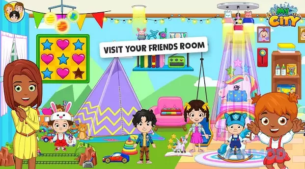 Ảnh 2 của Tải My City: My Friend’s House Mod Apk 2.0.1 (Mở khóa mọi phiên bản) cho Android iOs Các nhân vật My City: My Friend’s House khám phá một căn phòng khác
