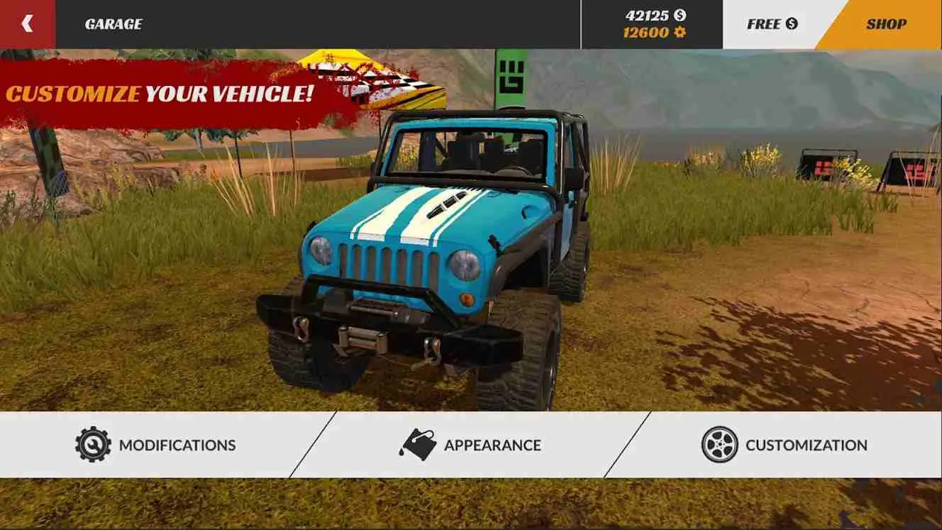 Ảnh 3 của Offroad PRO – Clash of 4x4s Mod APK 1.0.22 (Mua Sắm Miễn Phí) Chiếc xe bán tải 4x4 mạnh mẽ đang chuẩn bị vượt qua địa hình gồ ghề