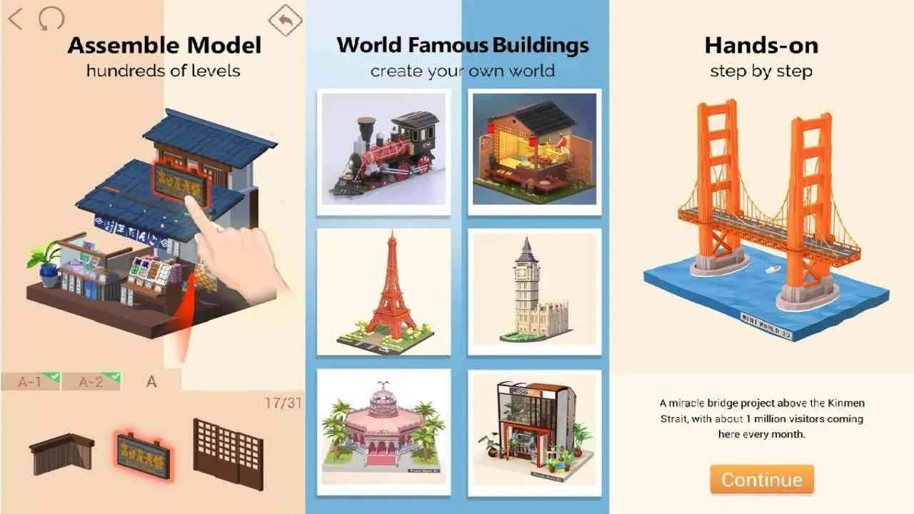 Ảnh 3 của Tải game Pocket World 3D Mod APK 2.1.1.1 (Menu, Vô Hạn Tiền) Màn hình gameplay Pocket World 3D cho thấy các mảnh ghép và công trình