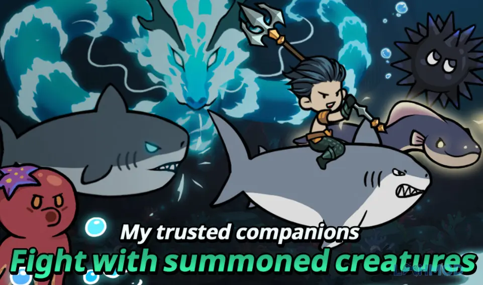 Ảnh 2 của Tải Raising Poseidon Idle RPG Apk 1.2.47 cho Android iOs Giao diện chiến đấu trong Raising Poseidon Idle RPG với thần Poseidon và các sinh vật biển hỗ trợ