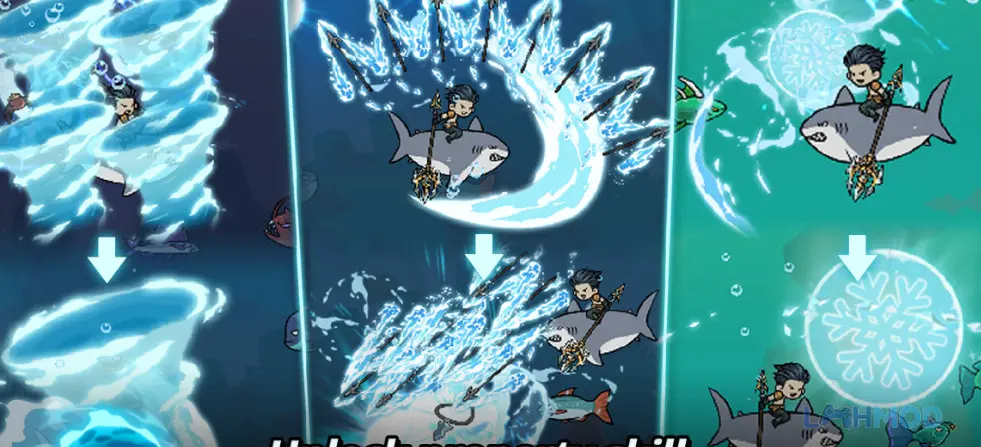 Ảnh 3 của Tải Raising Poseidon Idle RPG Apk 1.2.47 cho Android iOs Thần Poseidon đang tung chiêu với cây đinh ba tạo ra cơn sóng lớn trong Raising Poseidon Idle RPG