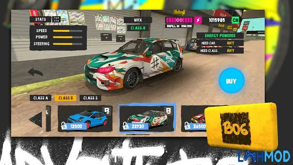 Ảnh 2 của Rallycross Track Racing Mod Apk 0.55 (Vô hạn tiền) Giao diện lựa chọn xe và các thông số nâng cấp trong game Rallycross Track Racing