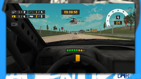 Ảnh 3 của Rallycross Track Racing Mod Apk 0.55 (Vô hạn tiền) Giao diện đua xe góc nhìn thứ nhất trong Rallycross Track Racing, có trực thăng bay trên đầu