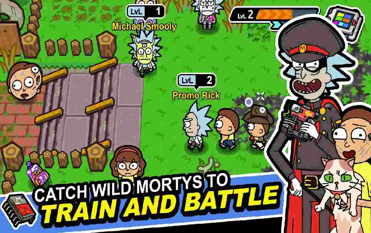 Ảnh 2 của Rick and Morty: Pocket Mortys Mod APK 2.29.2 (Menu, Vô Hạn Tiền, Tickets) Rick và Morty cùng Mortys đang phiêu lưu qua một cổng không gian