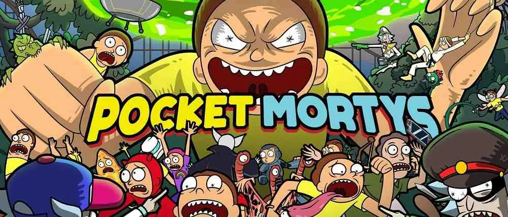 Ảnh 4 của Rick and Morty: Pocket Mortys Mod APK 2.29.2 (Menu, Vô Hạn Tiền, Tickets) Rick và Morty cùng một nhóm Morty đang tạo dáng trước cửa hàng hoặc một công trình
