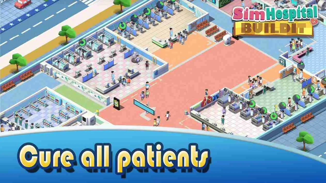 Ảnh 2 của Tải game Sim Hospital Buildit Mod APK 2.2.9 (Menu, Vô Hạn Tiền) Cảnh quan bệnh viện Sim Hospital Buildit với nhiều bệnh nhân và phòng khám