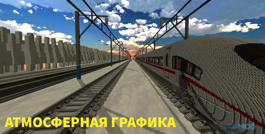 Ảnh 4 của Tải SkyRail Mod Apk 6.6.1.5 (Vô Hạn Tiền) cho Android iOs Một cảnh chơi game SkyRail, hiển thị một đoàn tàu màu đỏ đang di chuyển trên đường ray gần một nhà ga hiện đại và các tòa nhà cao tầng