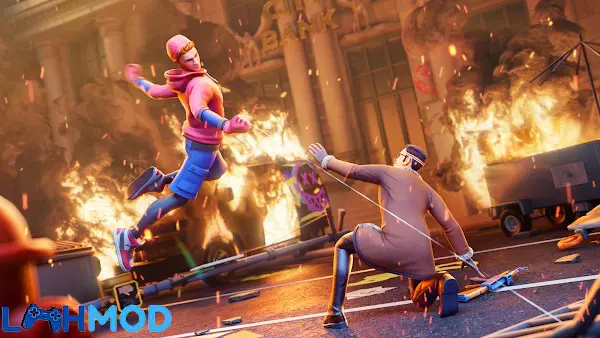 Ảnh 2 của Spider Fighter 2 MOD APK v2.31.0 (Vô hạn tiền) Android Người Nhện chiến đấu với kẻ thù trong một cảnh đô thị đang bùng cháy