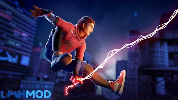 Ảnh 3 của Spider Fighter 2 MOD APK v2.31.0 (Vô hạn tiền) Android Người Nhện tung tơ điện trong thành phố vào ban đêm