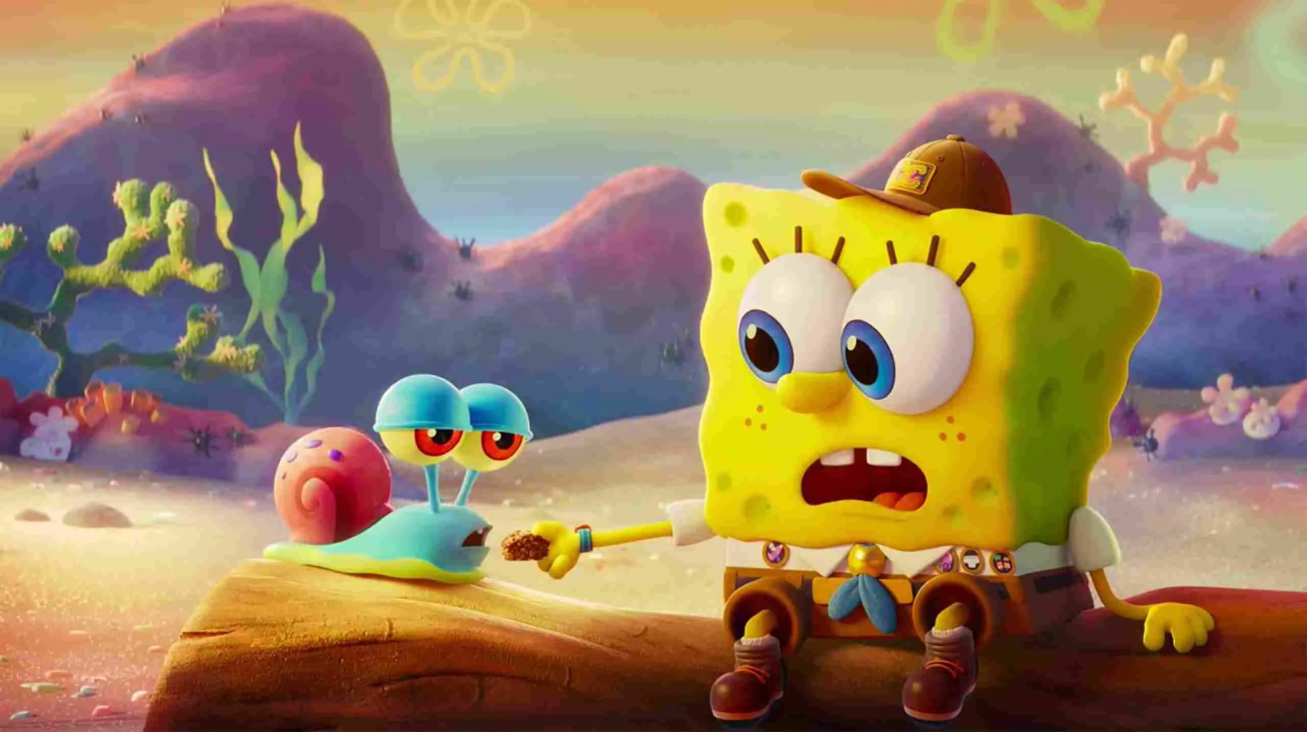 Ảnh 2 của Spongebob: Krusty Cook-Off Mod APK v5.6.2 (Vô Hạn Tiền) Mô tả: Spongebob với biểu cảm vui vẻ, chào đón khách hàng bên ngoài một nhà hàng lộng lẫy dưới biển