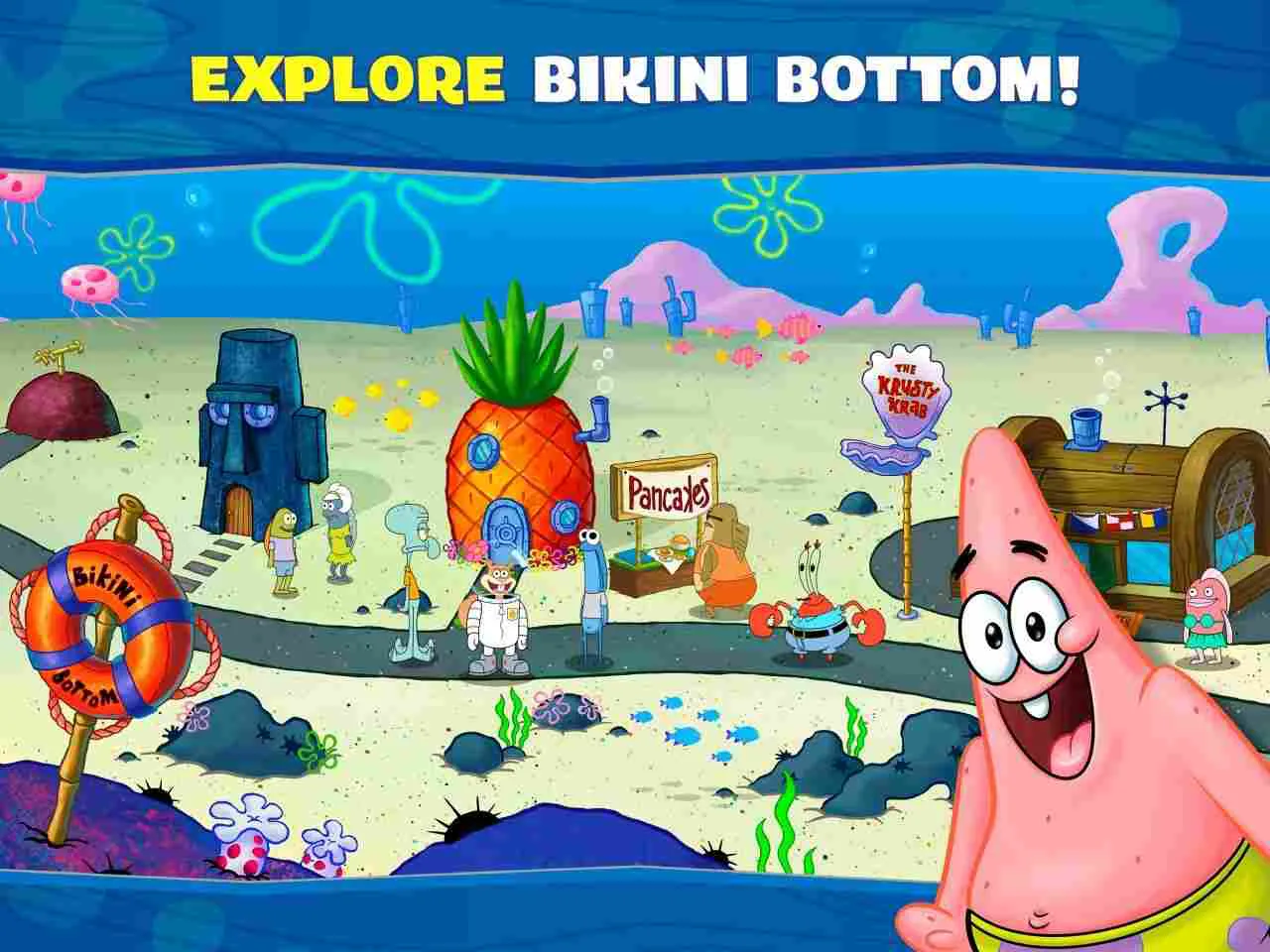 Ảnh 4 của Spongebob: Krusty Cook-Off Mod APK v5.6.2 (Vô Hạn Tiền) Mô tả: Spongebob đang tạo dáng trước màn hình game, thể hiện sự vui vẻ và hứng khởi